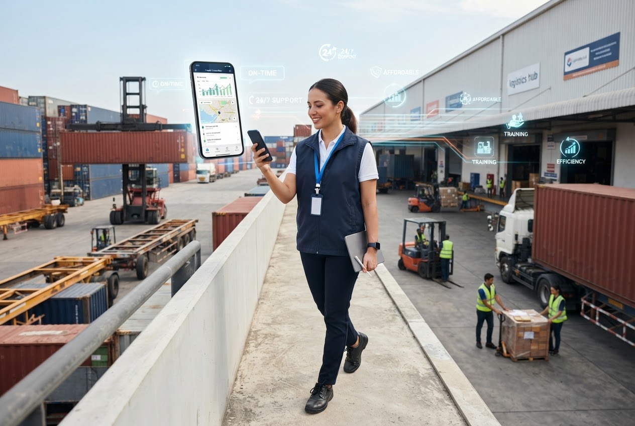 AI illustration of a freight forwarder managing shipments on mobile while on the move