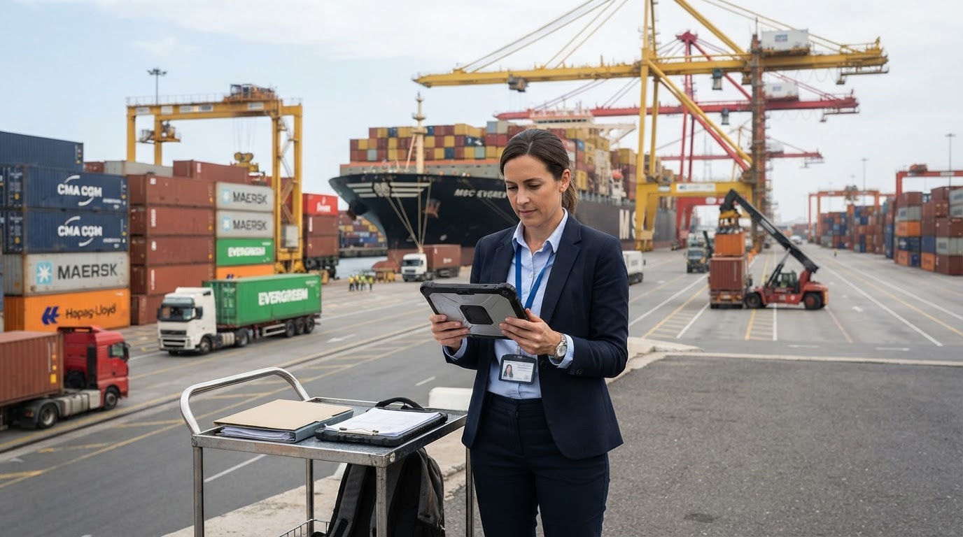 Freight forwarder reviewing shipping documents at a busy container port
